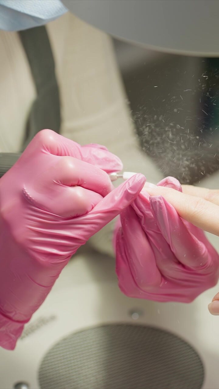 Nail technician shapes nails using tool wearing pink gloves. close up view shows precise movements of hands and equipment during manicure procedure with nail dust particles visible