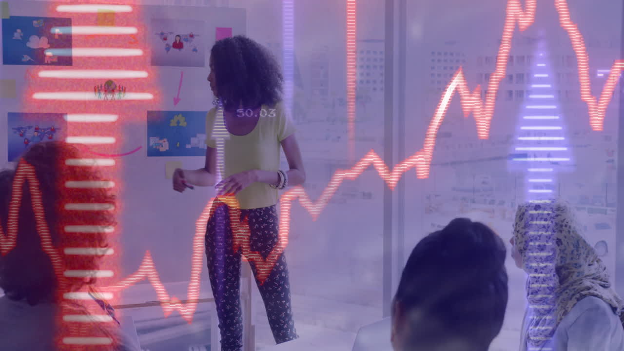 Presenting in office, businesswoman with financial graph animation overlay on screen