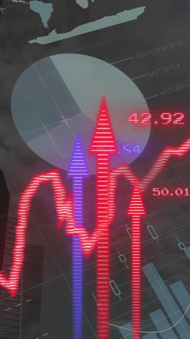 Animation of financial data processing over cityscape
