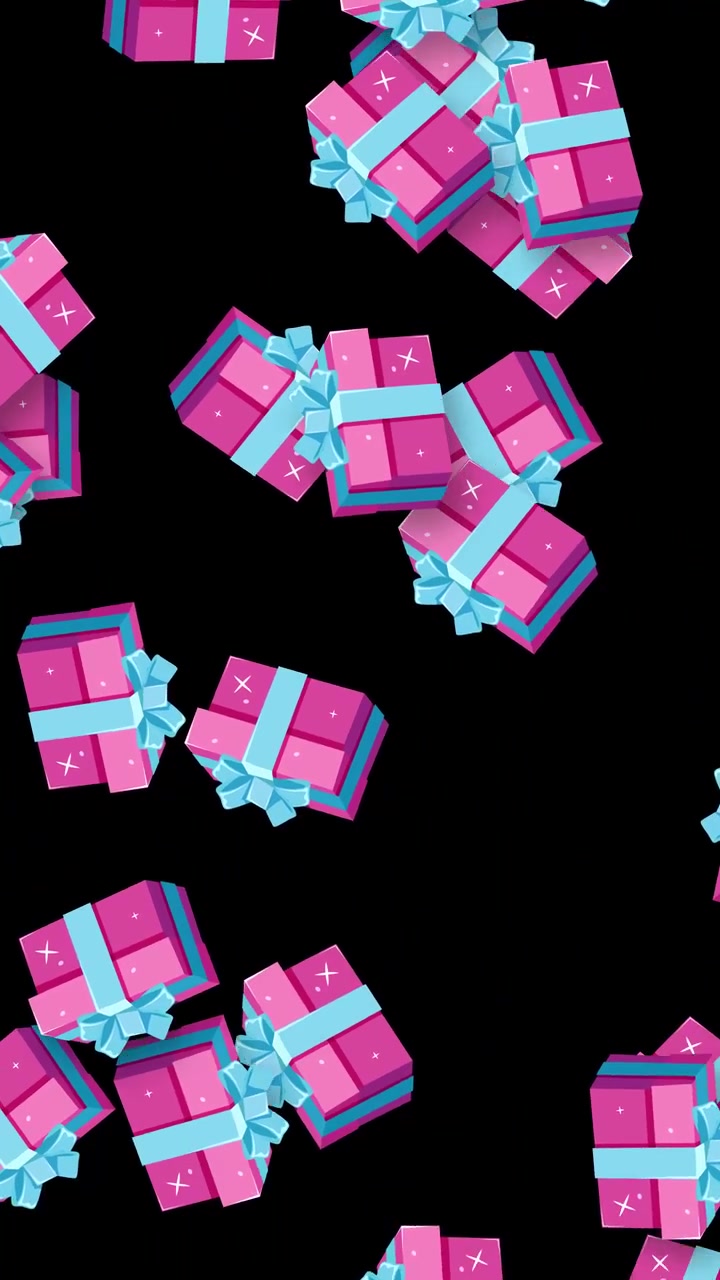 Pink gift boxes with blue ribbons float and fall against a solid black background.