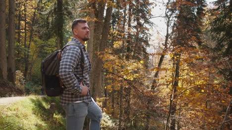 man hiking in autumn forest