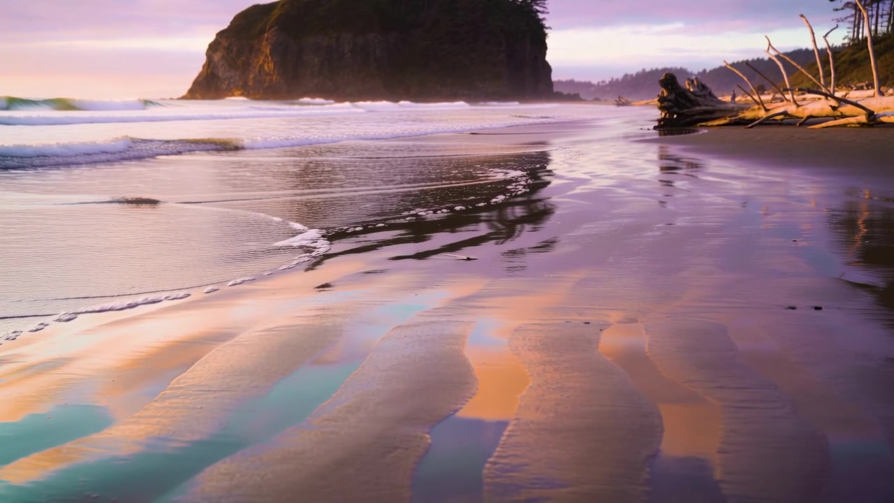 Advancing surf causing wet sand shifting pastel bands and rippling at shore, headland, driftwood