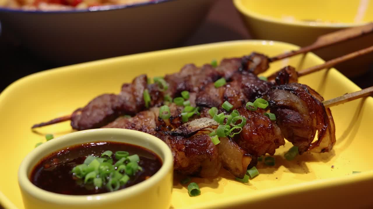 Close-up of grilled beef skewers on a yellow plate with dipping sauce, garnished with herbs, under warm indoor lighting. Subtle camera movement reveals texture
