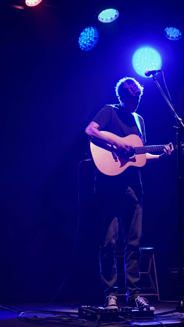 A musician plays guitar under stage lights, creating a moody atmosphere
