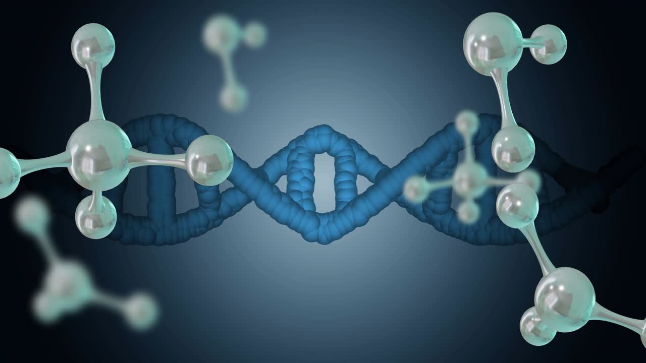 Video verticale: Animazione di elica di DNA blu che si attorciglia mentre molecole color verde acqua fluttuano su vignetta in loop