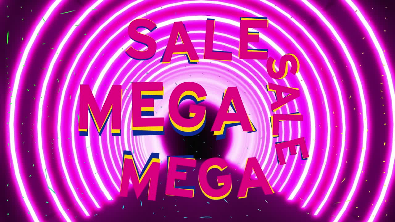 animación del texto de venta sobre círculos que se mueven sobre fondo negro