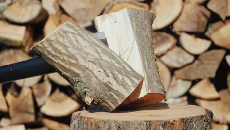 ax splits a log harvesting firewood