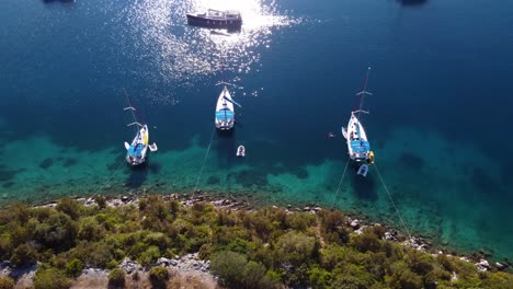 aerial view above yachts tied to shore in miljet island croatia