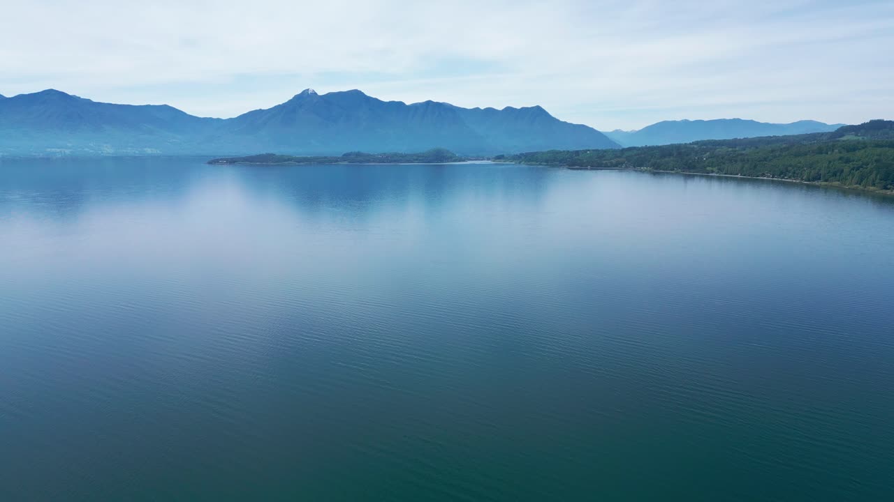 Aerial View of Serene Lake with Reflections of Mountains and Forested Coastline Under a Clear Sky