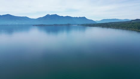 aerial view of serene lake with reflections of mountains and forested coastline under a clear sky