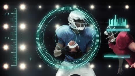 animación de escaneo de alcance y procesamiento de datos sobre diversos hombres jugando fútbol americano