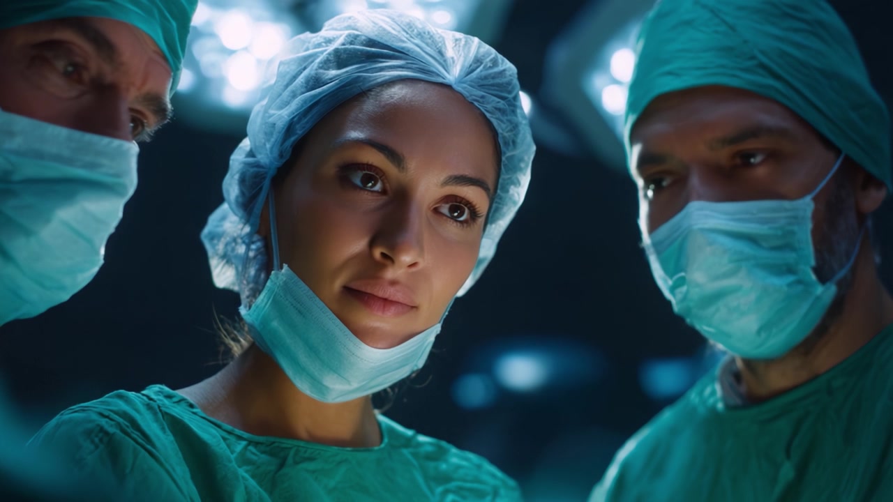 Team medico concentrato in una procedura chirurgica, che collabora in un ambiente ad alta pressione, mostrando precisione e impegno nella cura del paziente in sala operatoria.