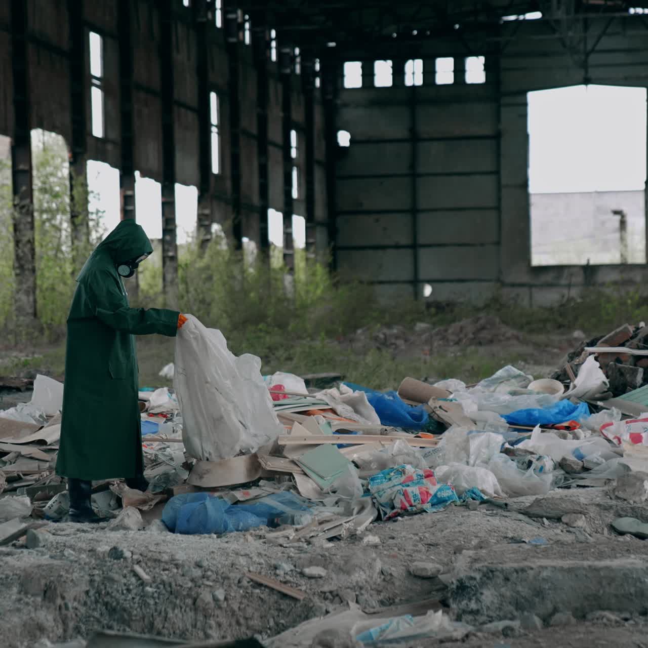 Man in protective suit and respirator in abandoned building. Ecologist in safety suit near the pile of garbage in the ruined place. Radiative zone