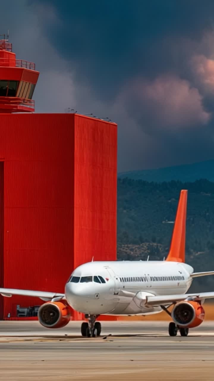 Un aereo è posizionato davanti a un hangar rosso vibrante, con un cielo drammatico e nuvole sullo sfondo, simboleggiando l'affascinante bellezza e ingegneria dell'aviazione.