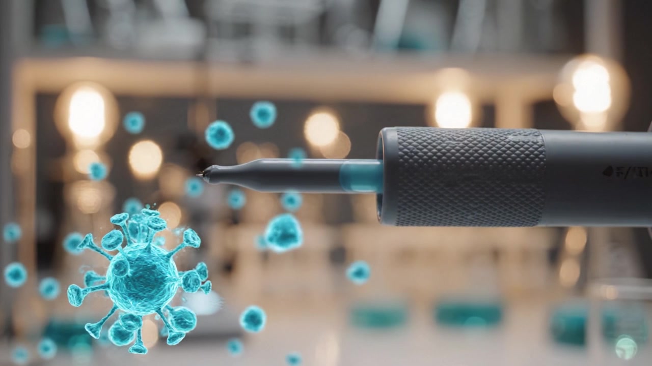 Innovative Scientific Research: A Close-Up of a Micro Pipette Targeting a 3D Virus Model in a Modern Laboratory Environment
