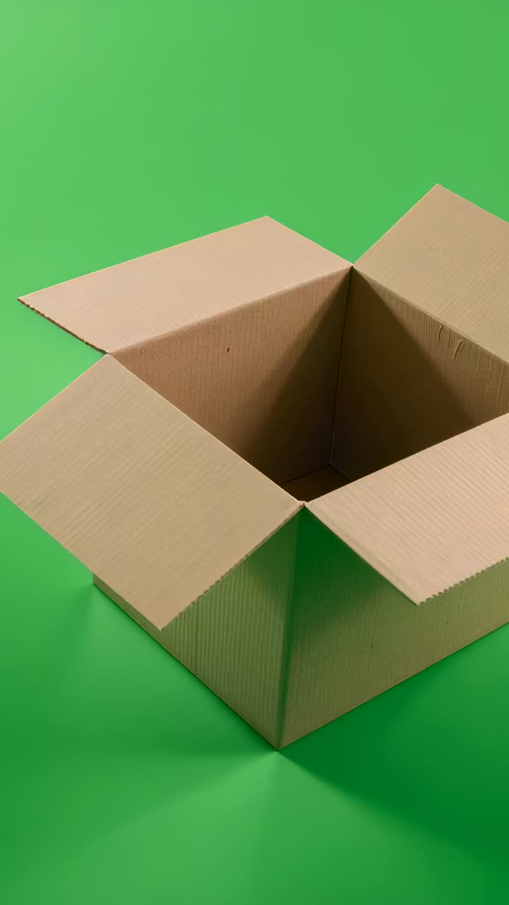 Vertical video: Closing camera in on open corrugated box on green backdrop, exposing interior