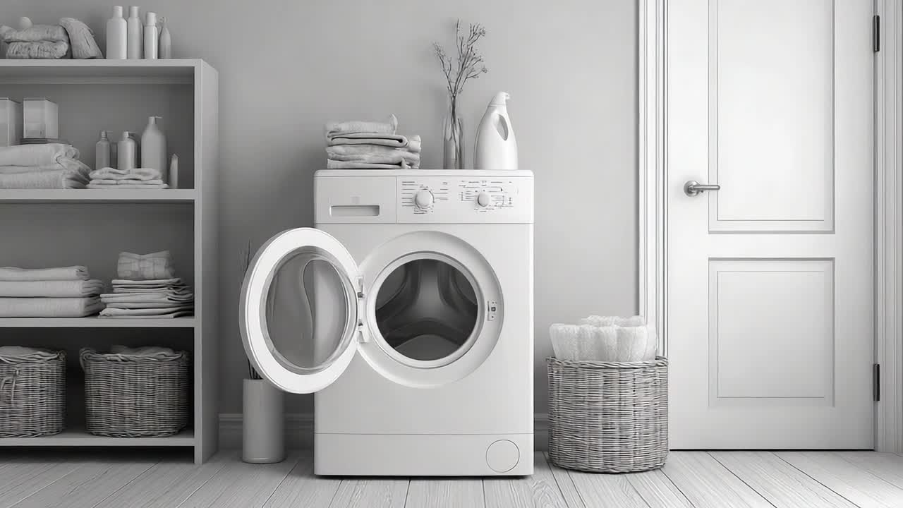 Modern laundry room with washer and organized storage for towels