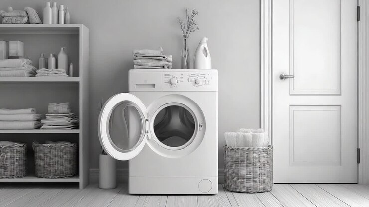 Modern laundry room with washer and organized storage for towels