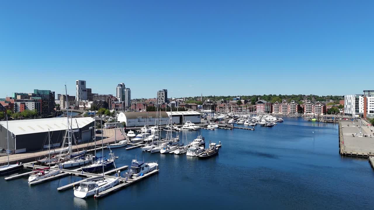 Ipswich Port marina and town Suffolk UK ascending drone,aerial