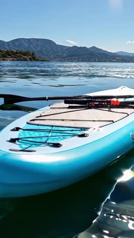 stand-up paddleboard floating on calm lake water under a clear sky