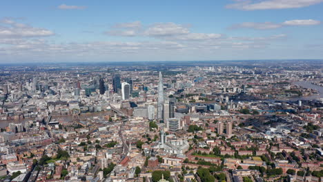Panoramic-aerial-footage-of-city-with-tall-office-buildings-in-financial-and-economic-district.-Modern-part-of-large-town.-London,-UK