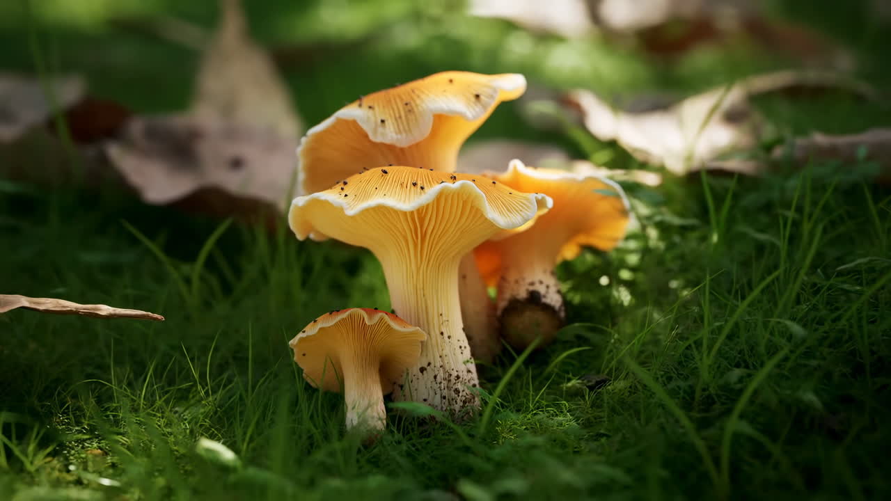 Close-up of Yellow Mushrooms Growing in Green Grass