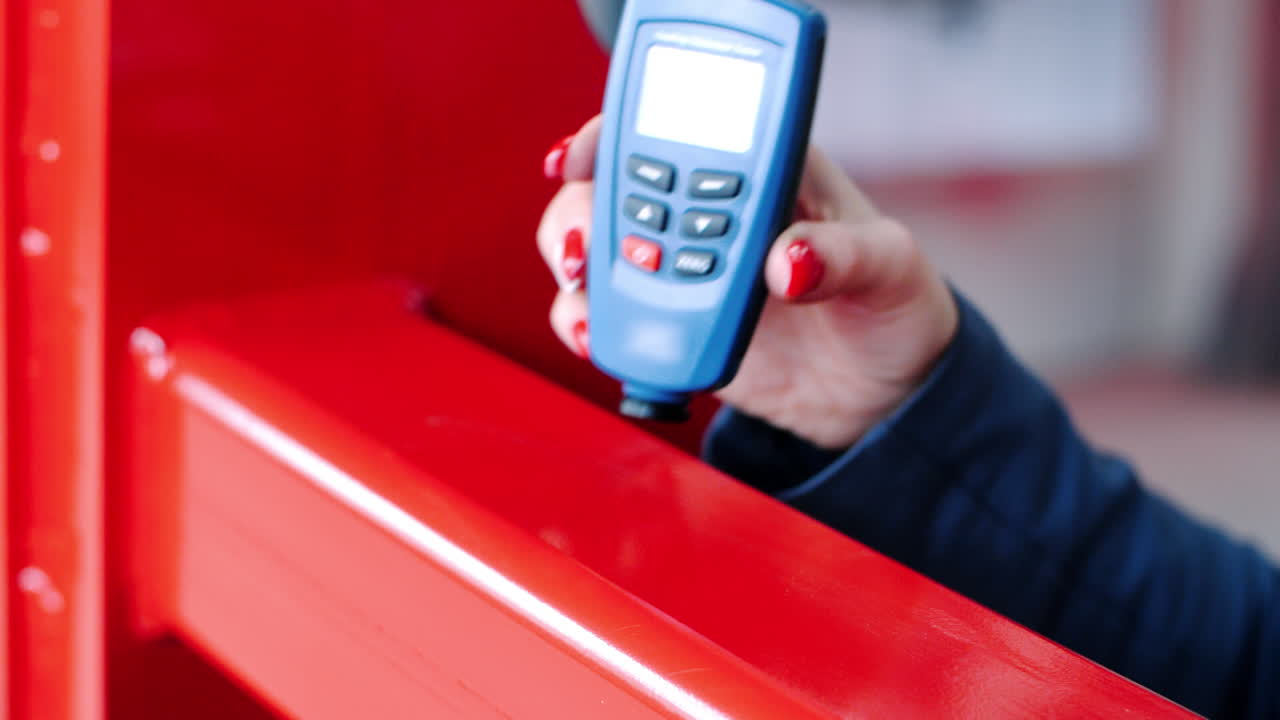 инженер измеряет толщину металлической балки. человек использует испытатель толщины покрытия