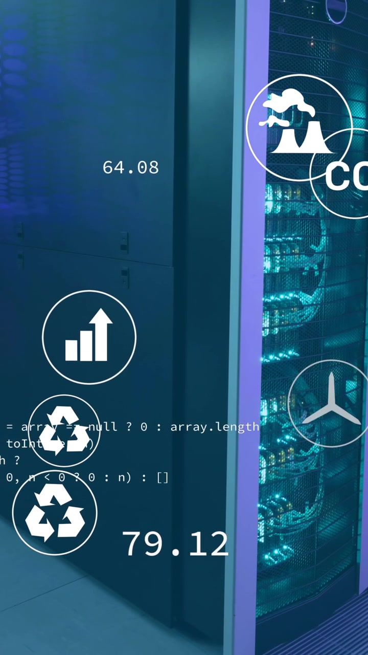 Animation of eco icons and data processing over computer servers