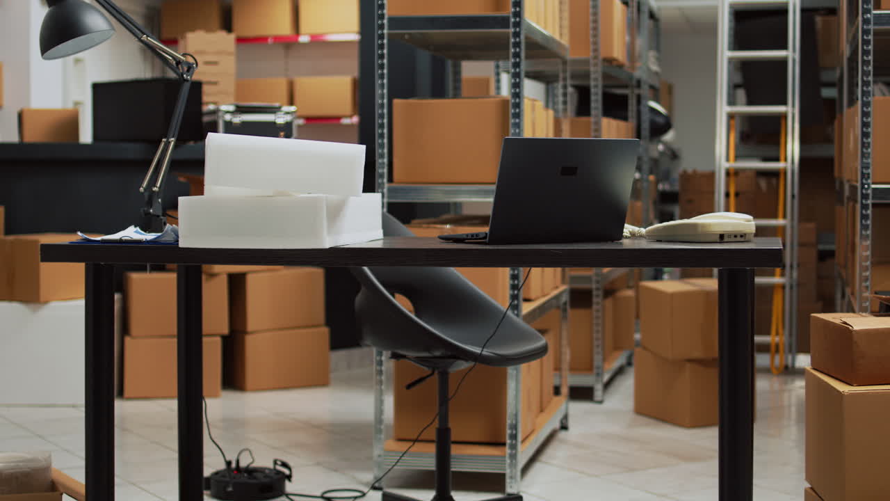 Warehouse with Boxes and Office Desk