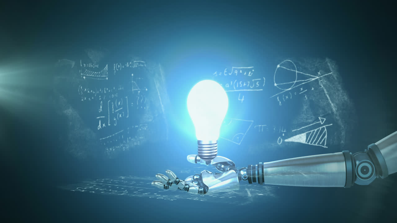 수학적 공식의 배경에 로 팔의 손바닥에 있는 전구의 애니메이션