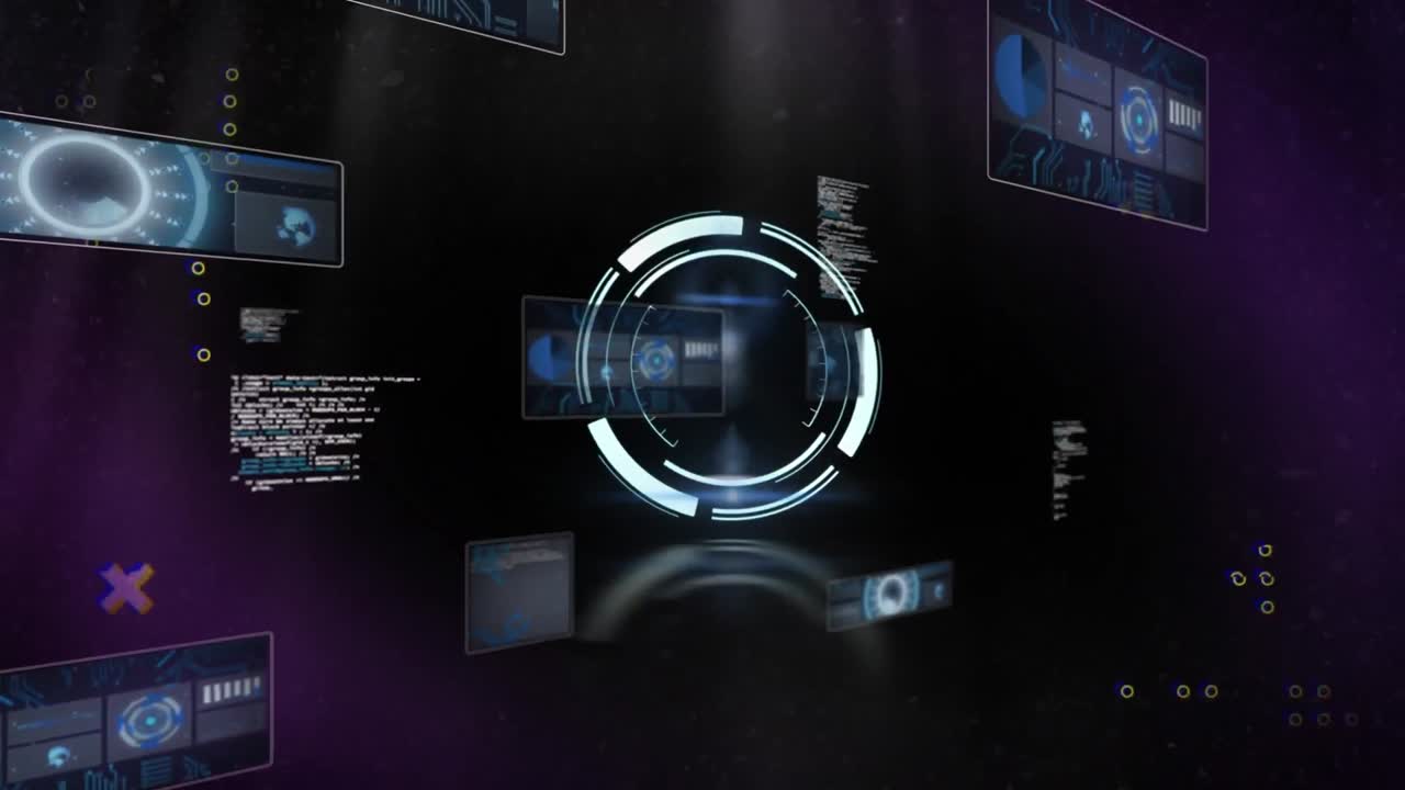 animación de escaneos y procesamiento de datos en pantallas con fondo oscuro