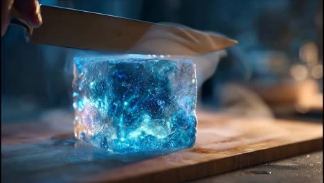 cutting a luminous blue ice cube with a knife