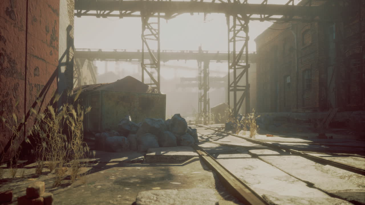 Urban decay at sunrise in a deserted railway with industrial remnants