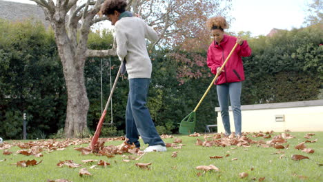 african american mother and son raking up leaves on lawn in garden, in slow motion