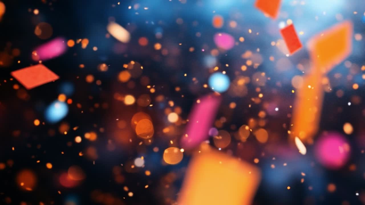 Confetti falls at celebration. Bright confetti pieces float through the air, creating a festive atmosphere during a lively celebration at night.