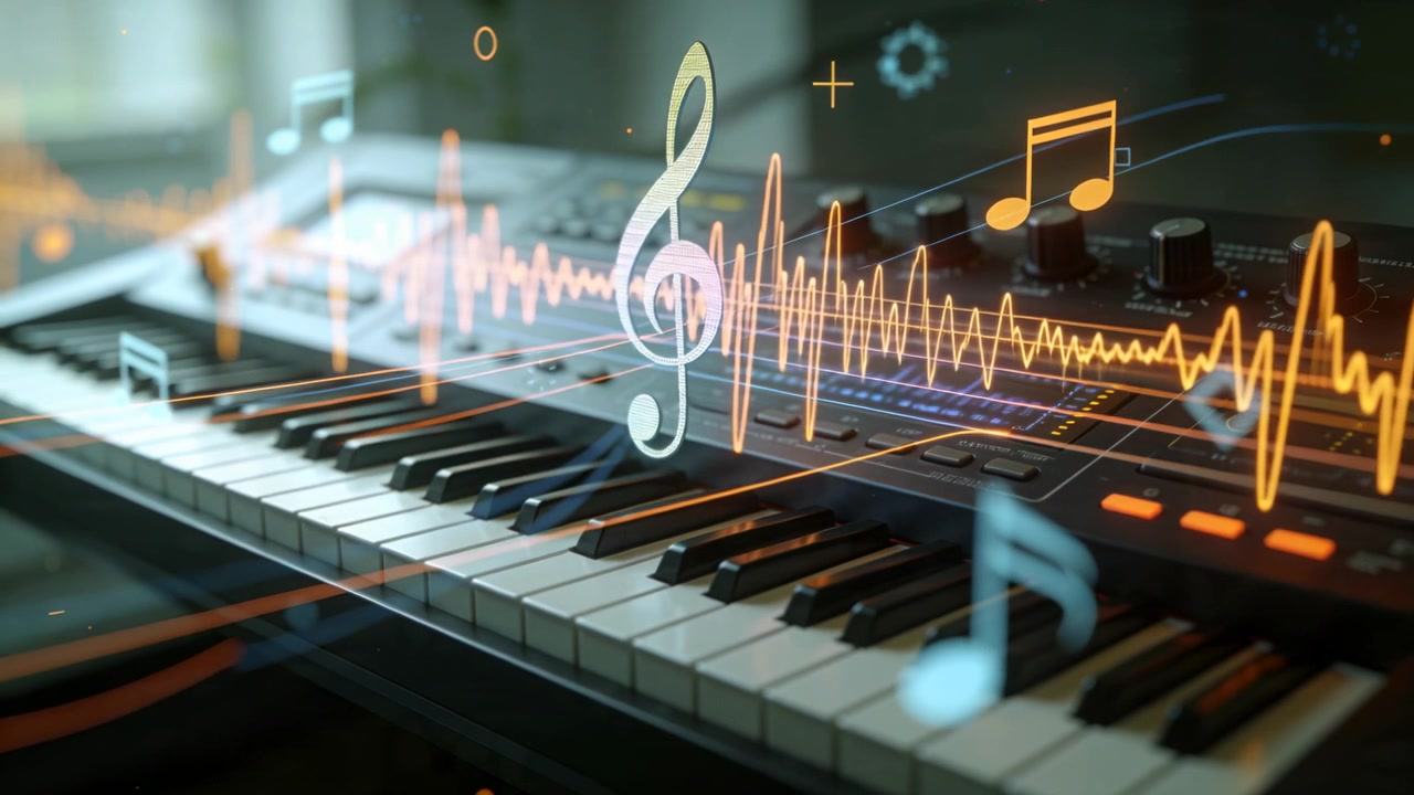 Sovrapposizioni animate sui tasti e controlli del sintetizzatore con audio in riproduzione in studio che mostra la forma d'onda.