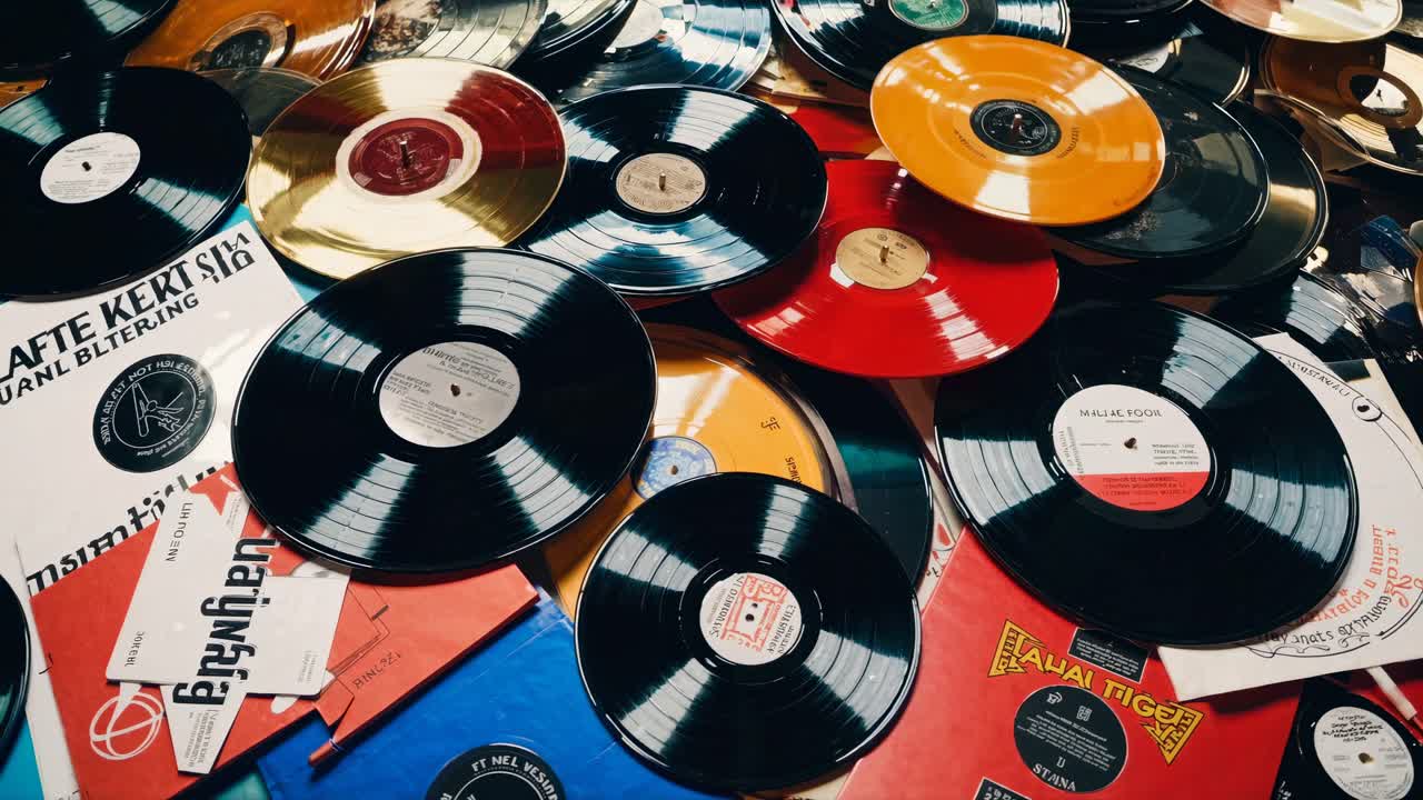 Oversiktsbilde av vintage vinylplater spredt tilfeldig, som fanger en nostalgisk retro-stemning.