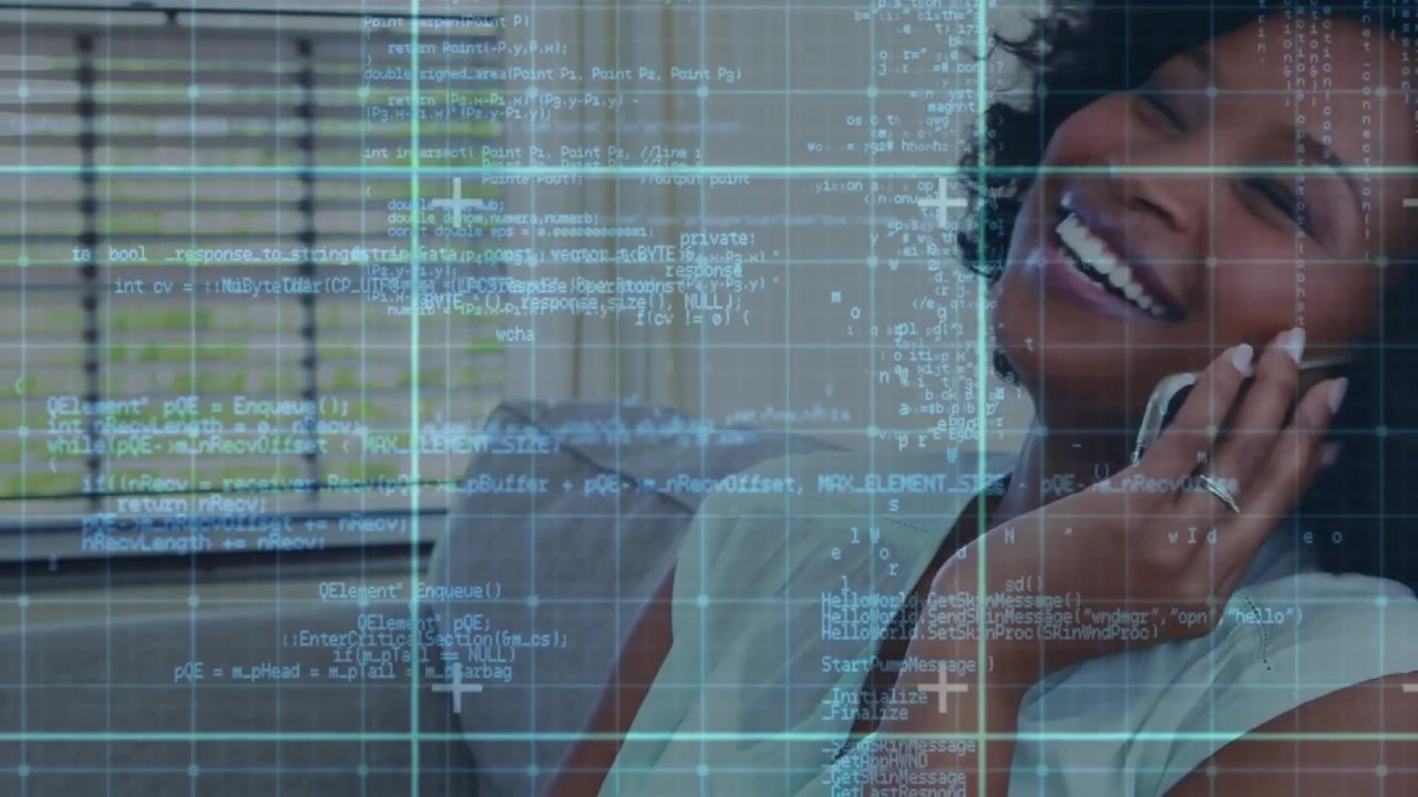 Professional Woman Using Smartphone with Digital Data Overlay