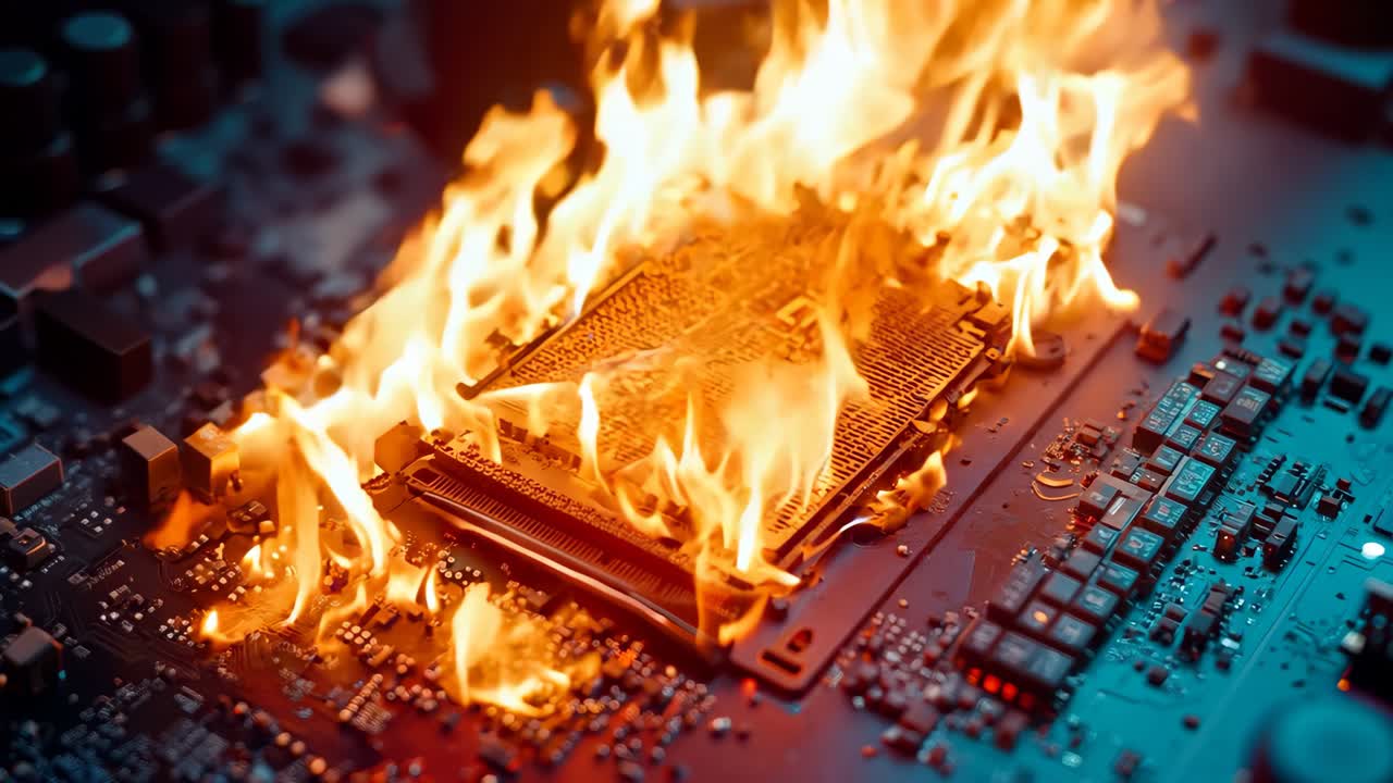 una placa base de computadora en llamas en una placa de circuitos