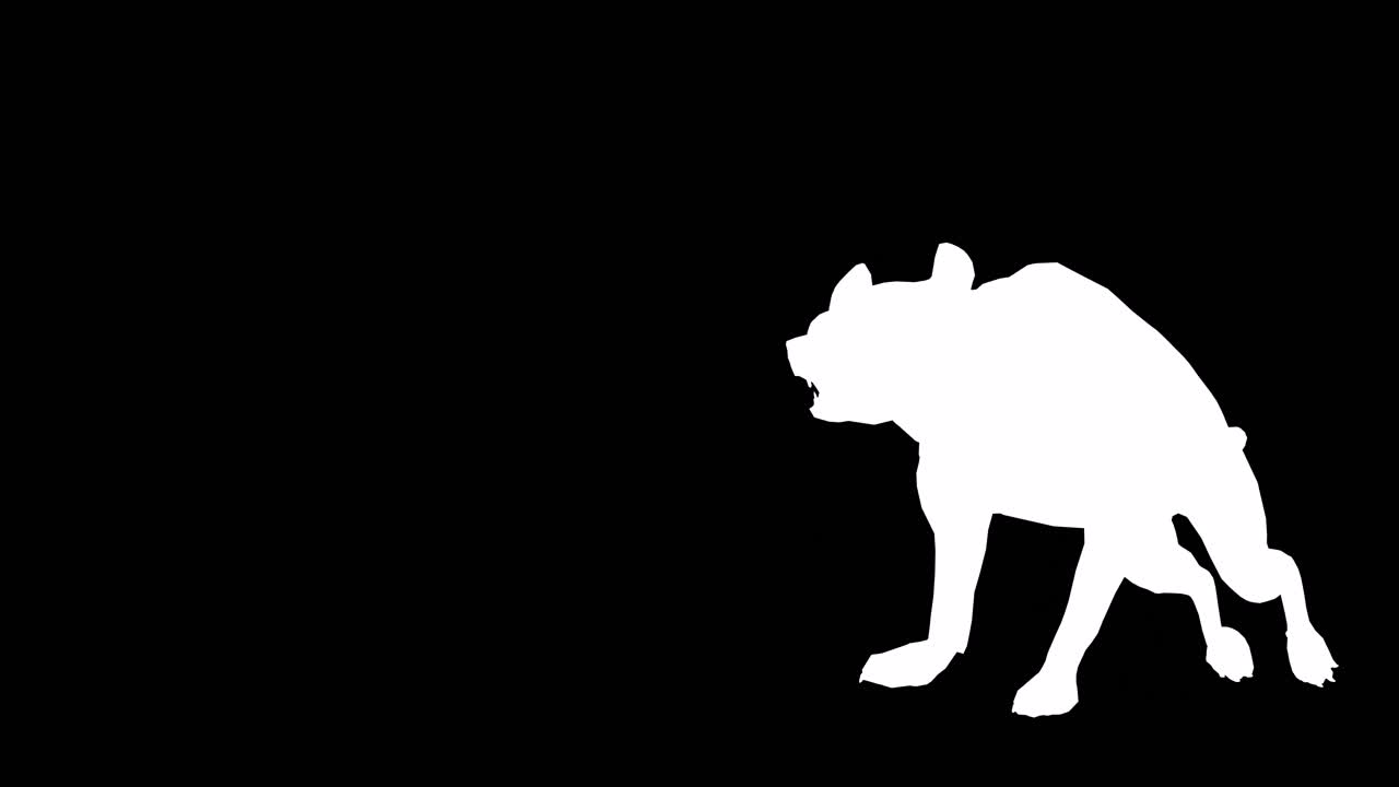 A hyena running on black background with alpha channel included at the end of the video, 3D animation, perspective view, animated animals, seamless loop animation
