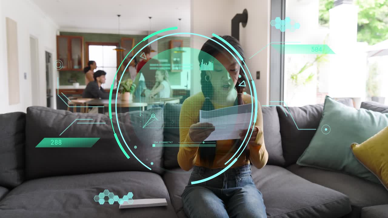 Woman seated on sofa opening envelope and reading documents, teal AR HUD scanning pages for finance