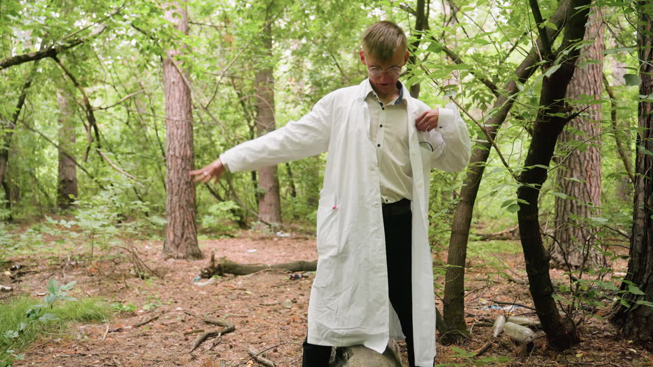 Biologist in white coat and glasses walking forest path holding black bag, stepping over fallen stump, preparing to place bag down for observation with microscope among dense woodland trees