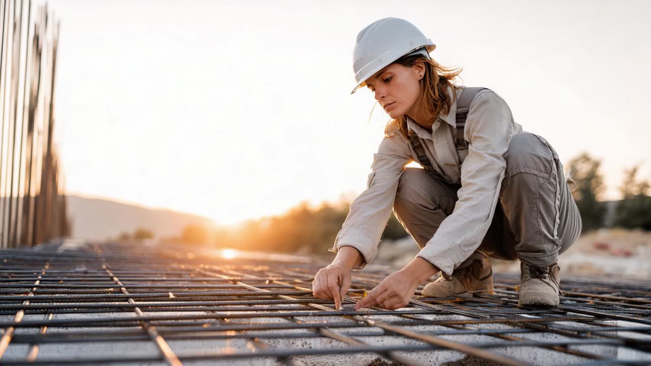 Dedicated construction worker carefully adjusting rebar while kneeling on a job site at sunset, showcasing commitment to quality and safety in their craft