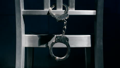 medium dolly shot of a pair of handcuffs dangling from the back of a chair