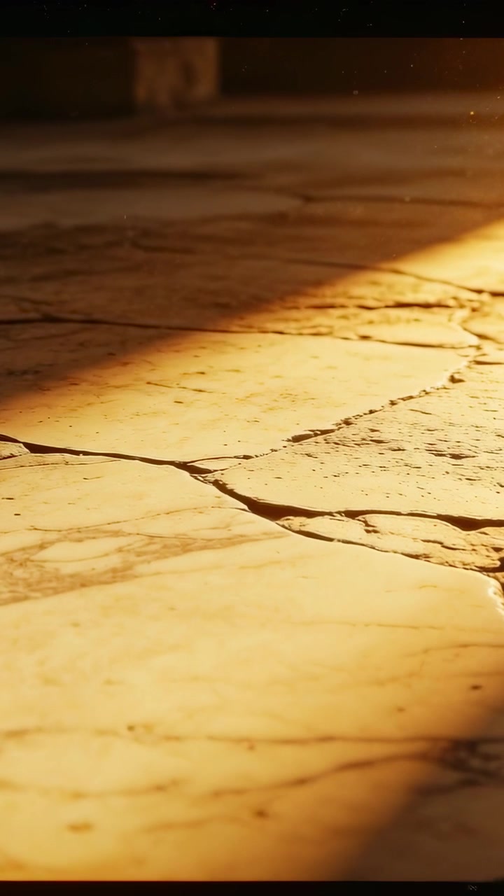 Video vertical: Haz de luz brillante cruzando un suelo de piedra agrietado en un pasillo, el sol cambiando, polvo flotando
