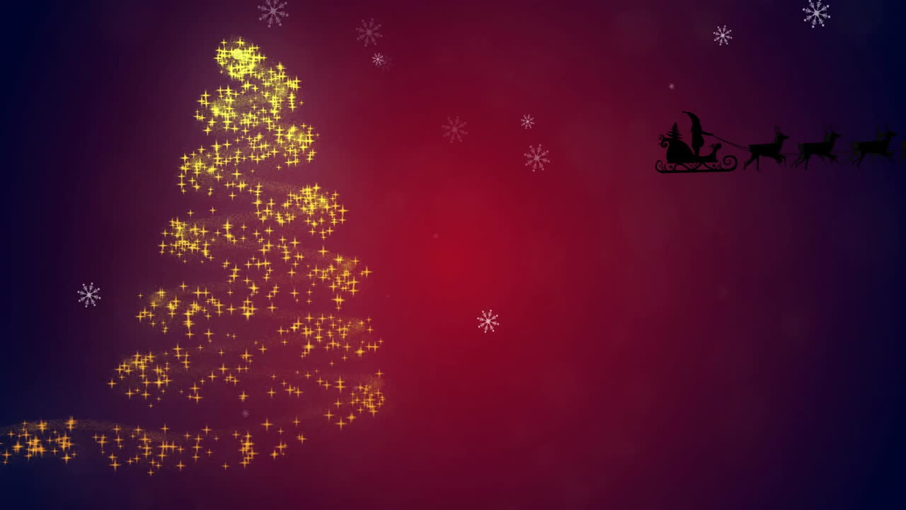 Christmas tree made of golden sparkles and snowflakes animation on red background