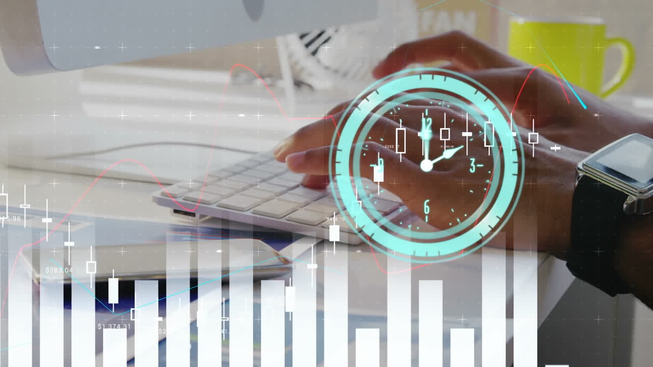 animación de las estadísticas de reloj y el procesamiento de datos financieros con el hombre usando el teclado.