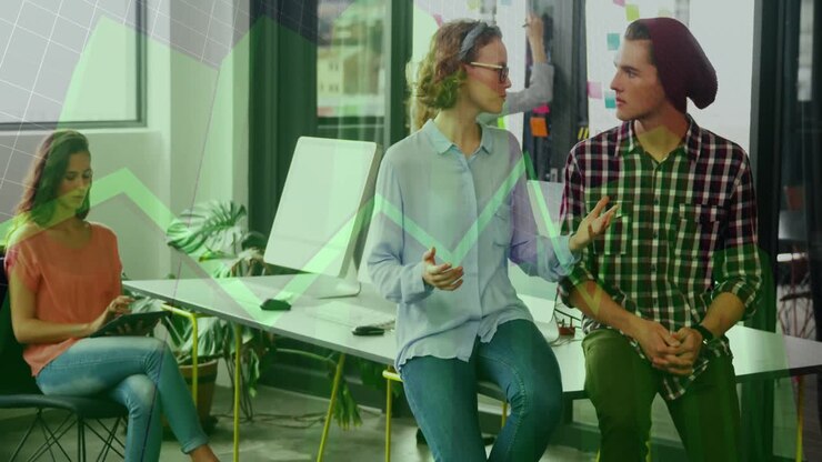 Business presenter turning toward listener gesturing to outline metrics with animated overlay