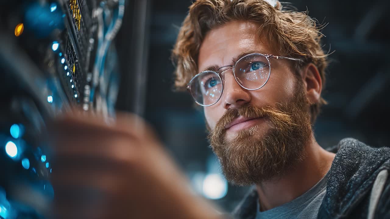 A focused technician expertly manages server operations, showcasing intricate technology and dedication while monitoring and maintaining critical data infrastructure