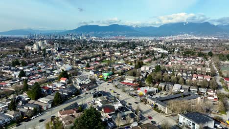 Aerial-View-Of-Cityscape-In-Victoria-Dr-And-Kingsway-Area-In-Vancouver,-Canada---Drone-Shot